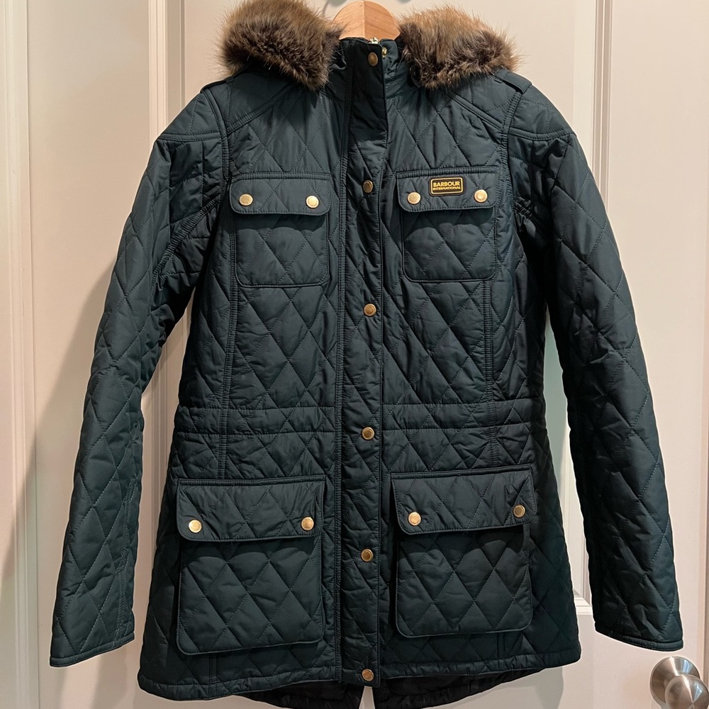 Barbour International Quilted Coat with Fur Trim Hood